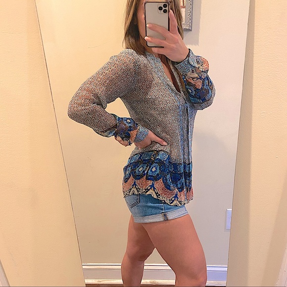 Lucky Brand Mixed Print Blue Multi Blouse Size XS - Picture 5 of 11